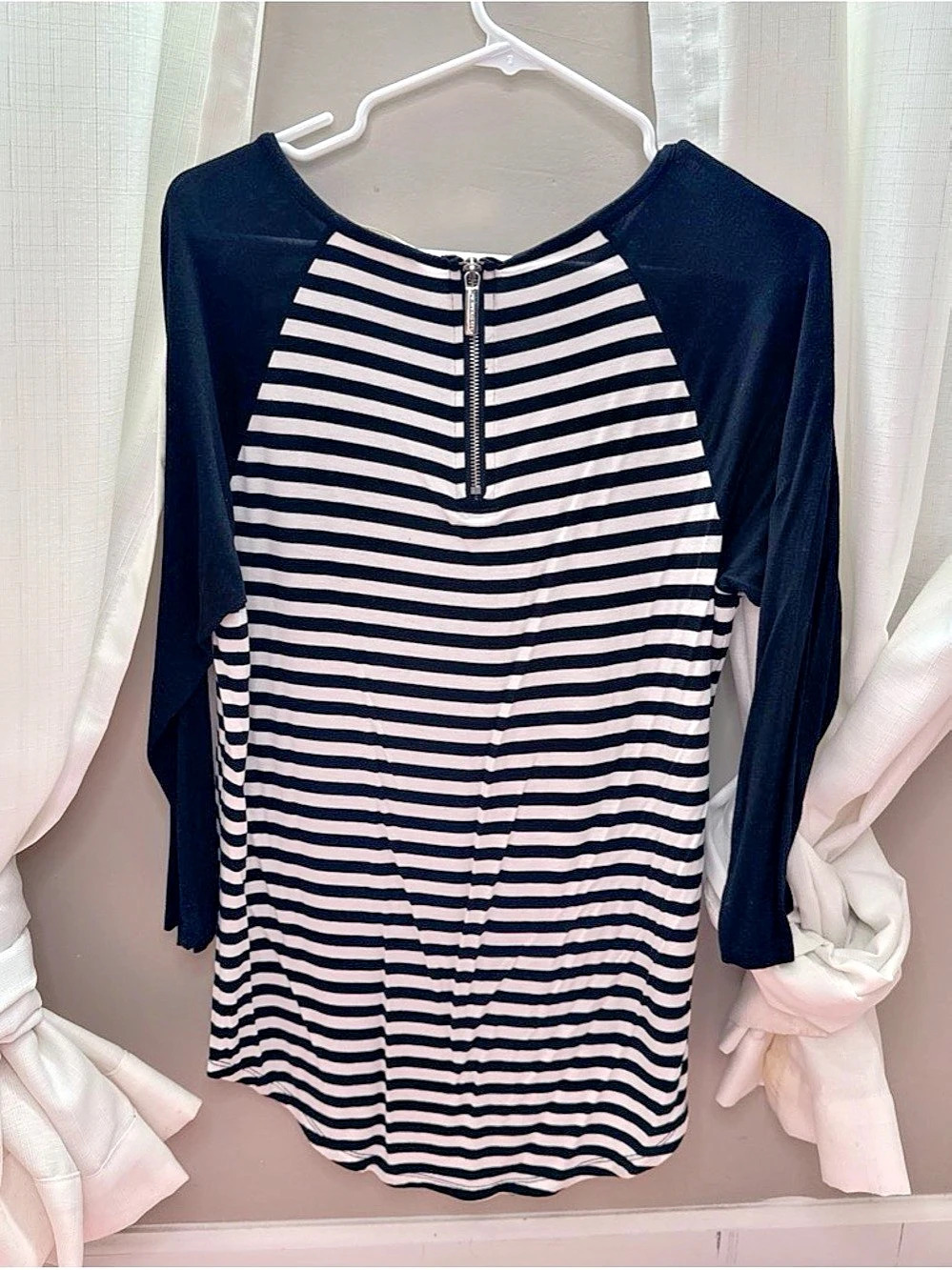 Michael Kors Striped Raglan 3/4 Sleeve Back Zip Top